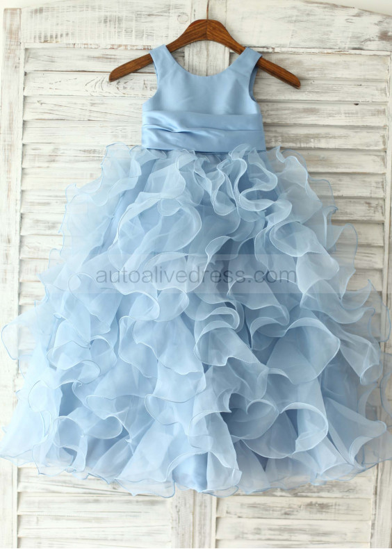 Blue Satin Organza Flower Girl Dress 